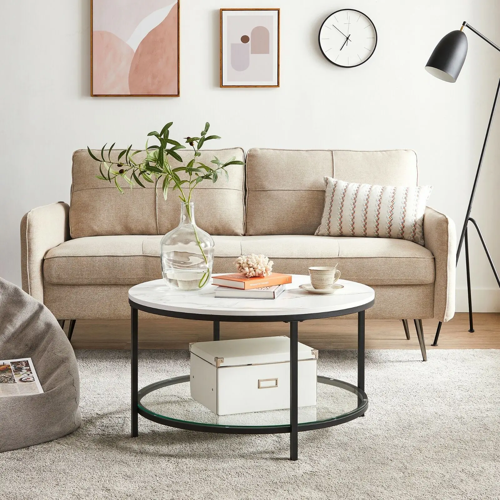 VASAGLE Table Basse, Table de Salon, Table Canapé Apéro, Façon Marbre, Support en Verre Trempé, Facile à Assembler, pour Salon, Style Moderne, Blanc