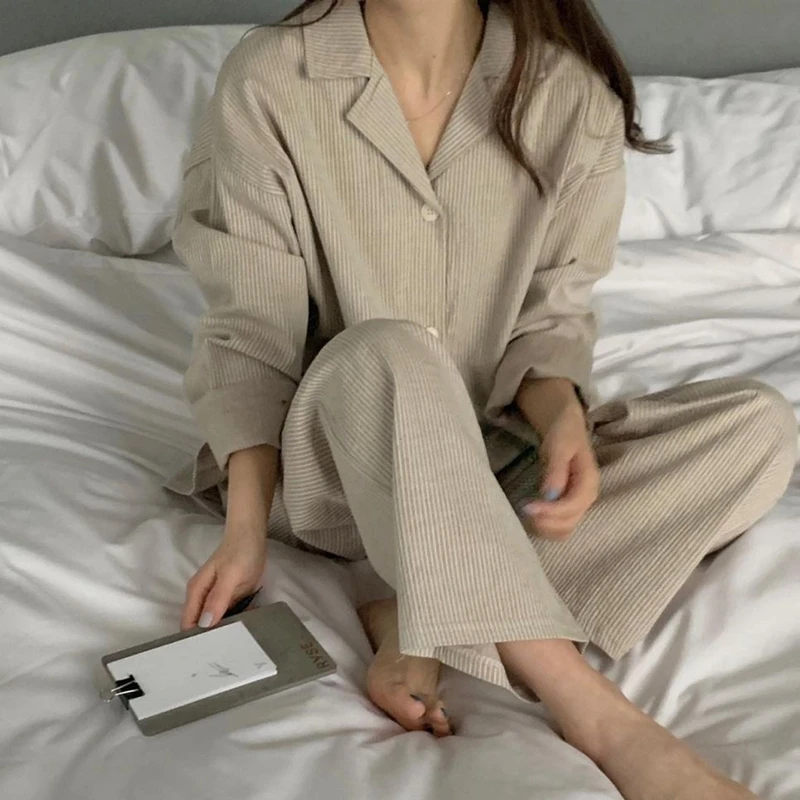 Pijamas de Aodão Puro Fs de Manga Longa Casual Tamanho ande Conjunto de Roupas de Casa de Alta Qualidade em Cor Só...