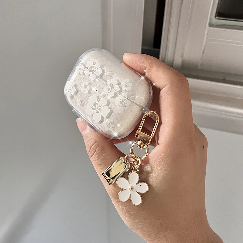 Clearance_Fashion Weiche Silikonhülle für AirPods 3 Pro 2. Niedliche klare weiße Blumen-Anhänger-Kopfhörerhülle für Apple AirPod Pro 2