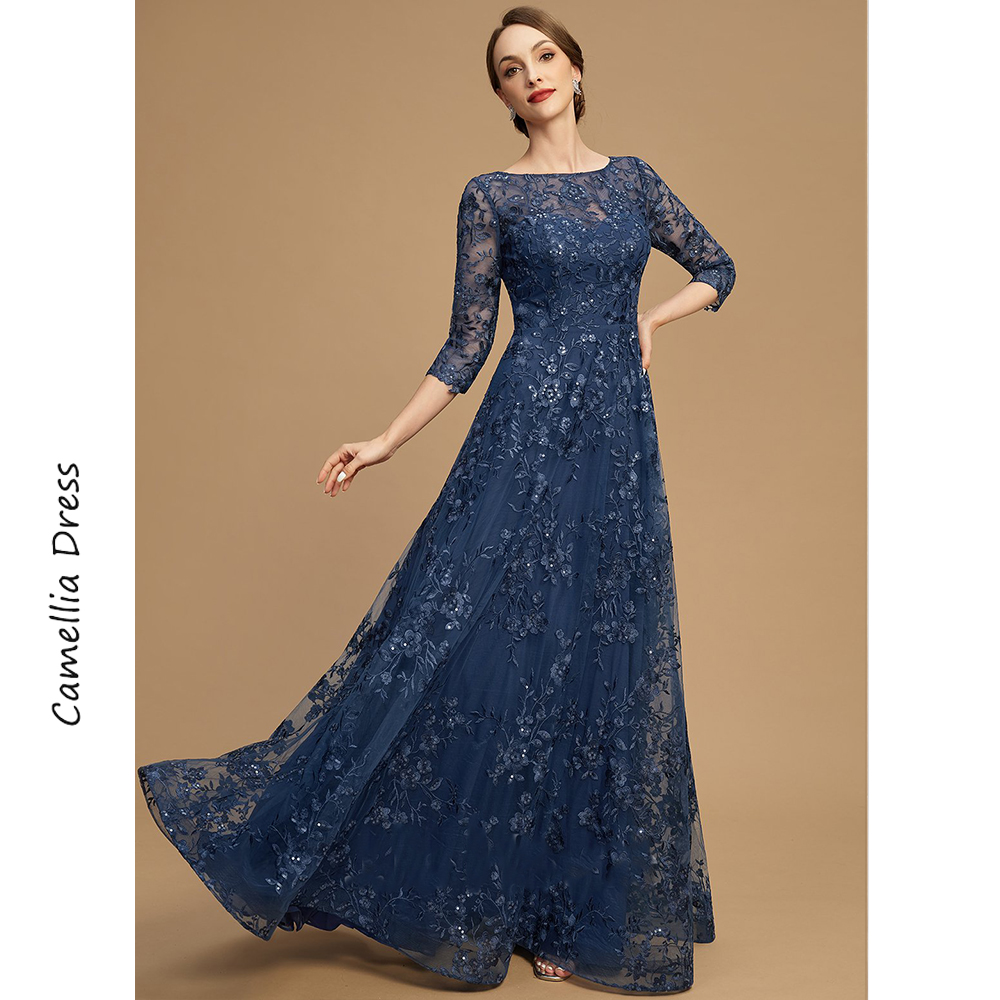 Neue A-Linie Abend Scoop Illusion Kleid elegante und hübsche Frauen kleider Spitze Pailletten Mutter der Braut Kleider Vestido