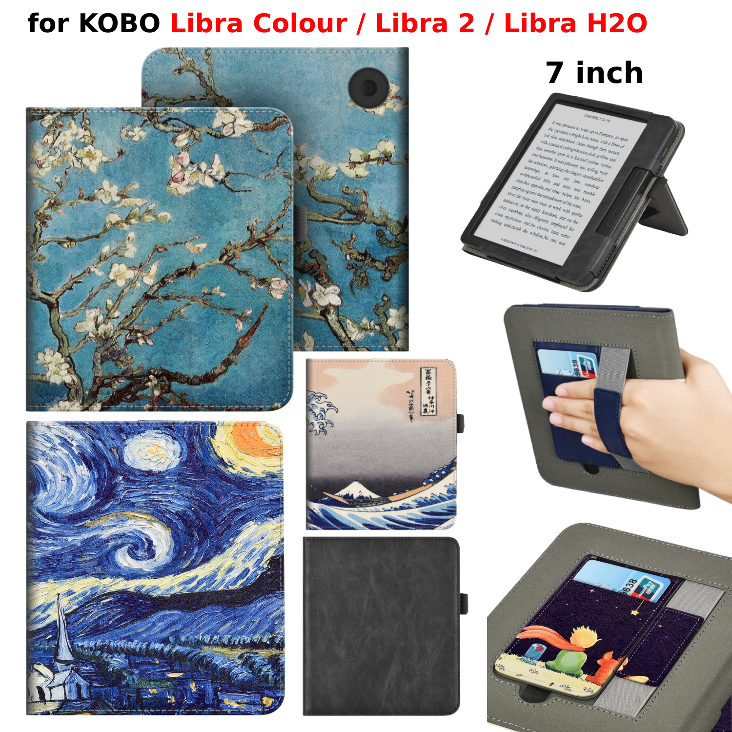 Для KOBO Libra Colour/Libra 2/Libra H2O Чехол с ручным ремешком и отделением для карт памяти, 7-дюймовый кожаный переплет, обложка для электронной книги N428, N418, N873