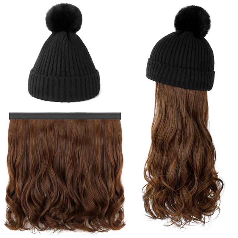 Extensões longas de cabelo ondulado para mulheres, boné de peruca sem aba, cabelos sintéticos de malha removível, chapéu, moda, inverno
