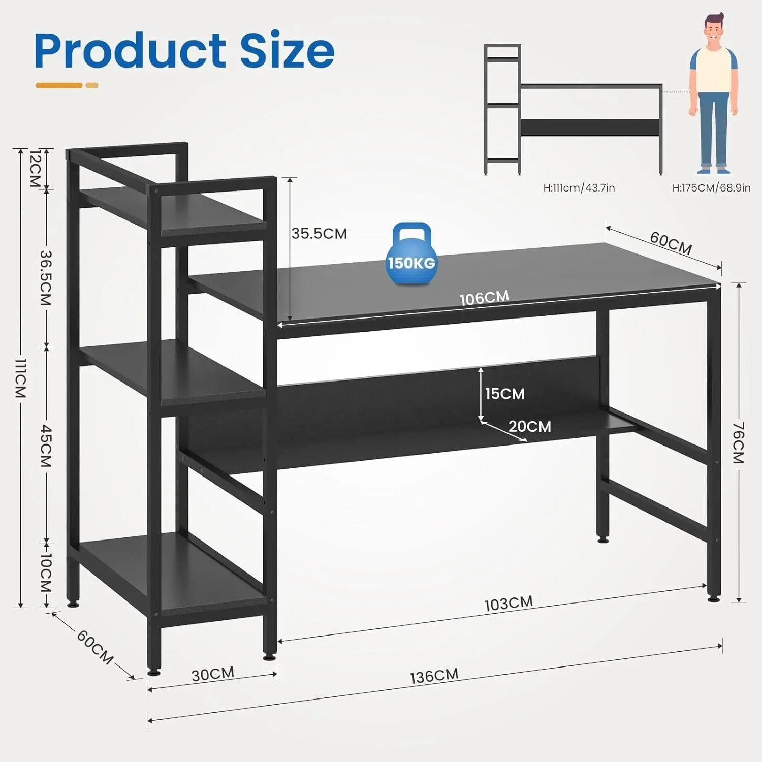 Computer Desk with 4 Tier Storage Shelves - 41.7 Inch Student Study Table with Bookshelf Modern Wood Desk with Steel Frame