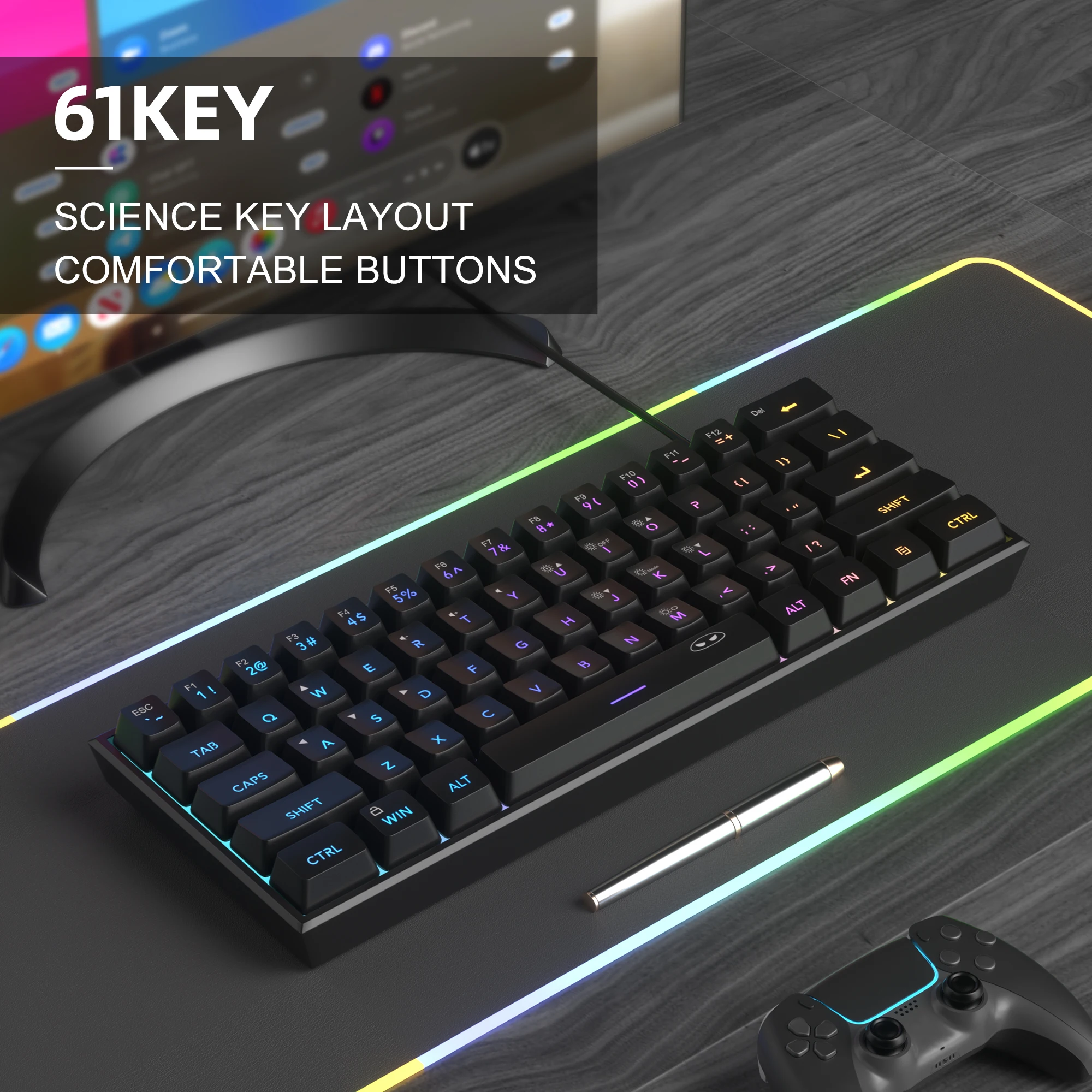 MageGee ミニ 60% ゲーミングキーボード、RGB バックライト付き 61 キー超コンパクトキーボード、TS91 人間工学に基づいた防水メカニカルフィーリングオフィス
