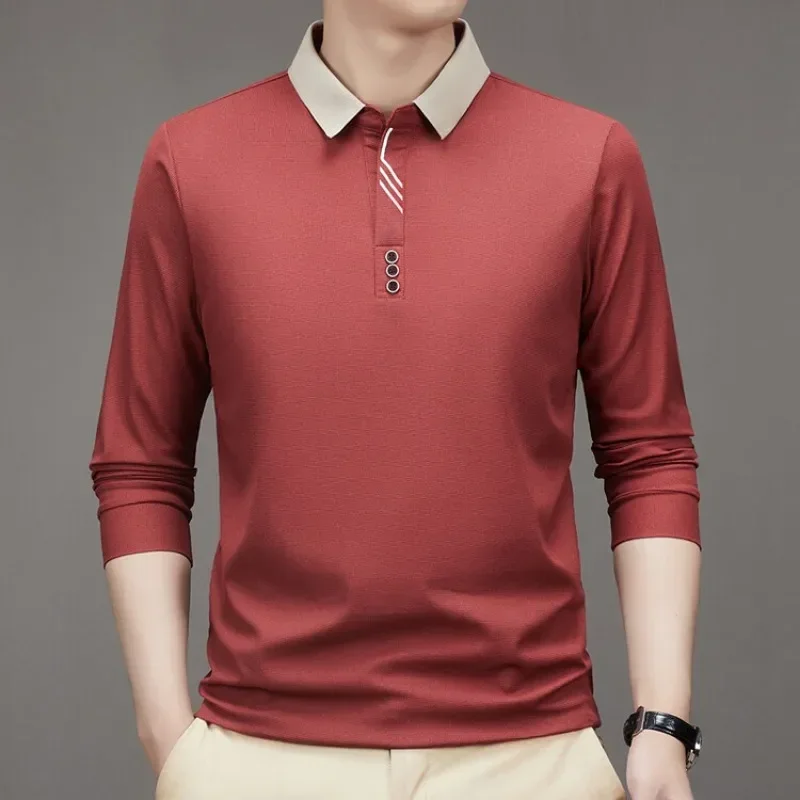 Camiseta masculina de manga comprida com gola virada para baixo, camisa polo casual de negócios com linha contrastante