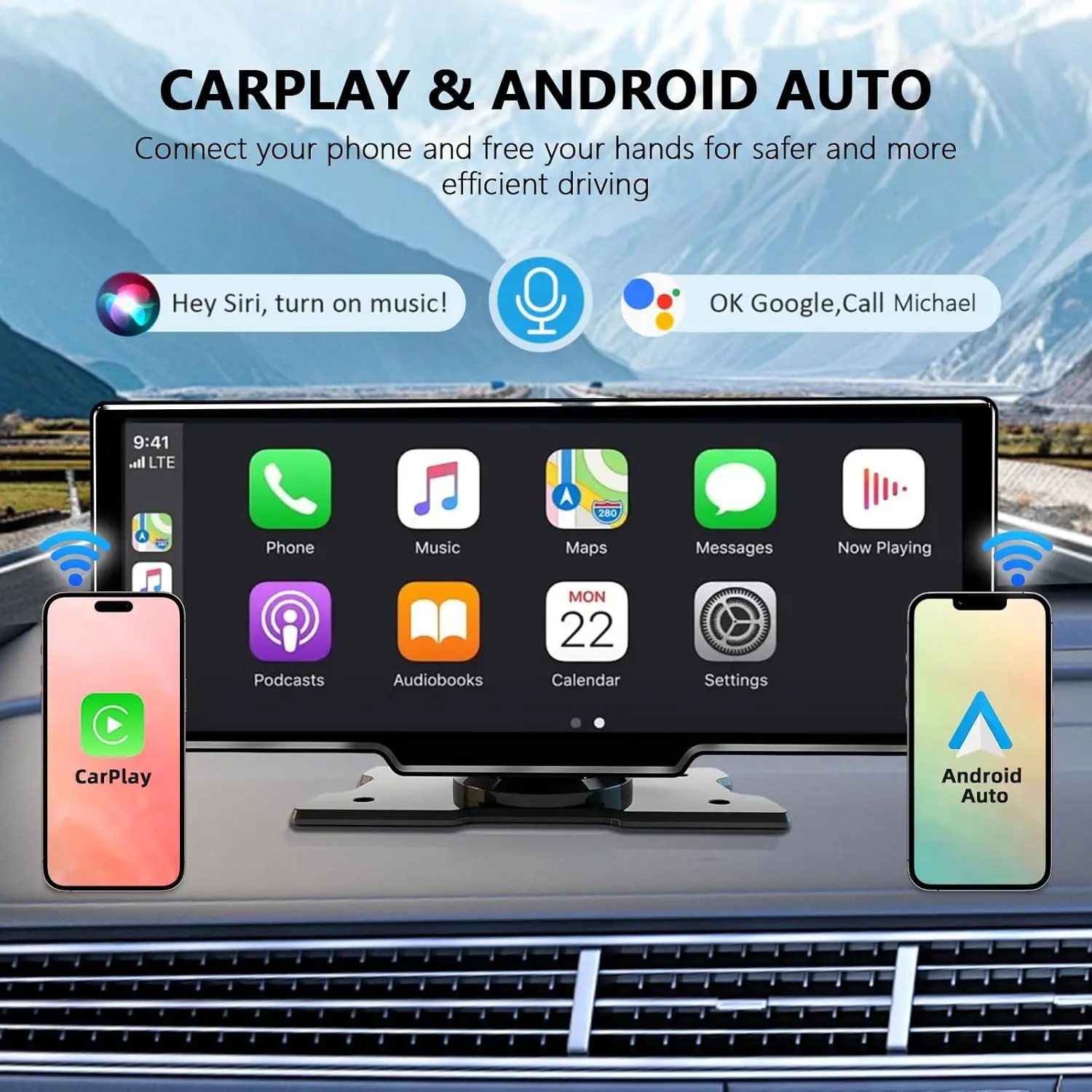 Ekran Carplay 10,26 cala do samochodu, bezprzewodowy odtwarzacz multimedialny CarPlay i Android Auto, uniwersalne radio samochodowe, stereo samochodowe BT AUX FM