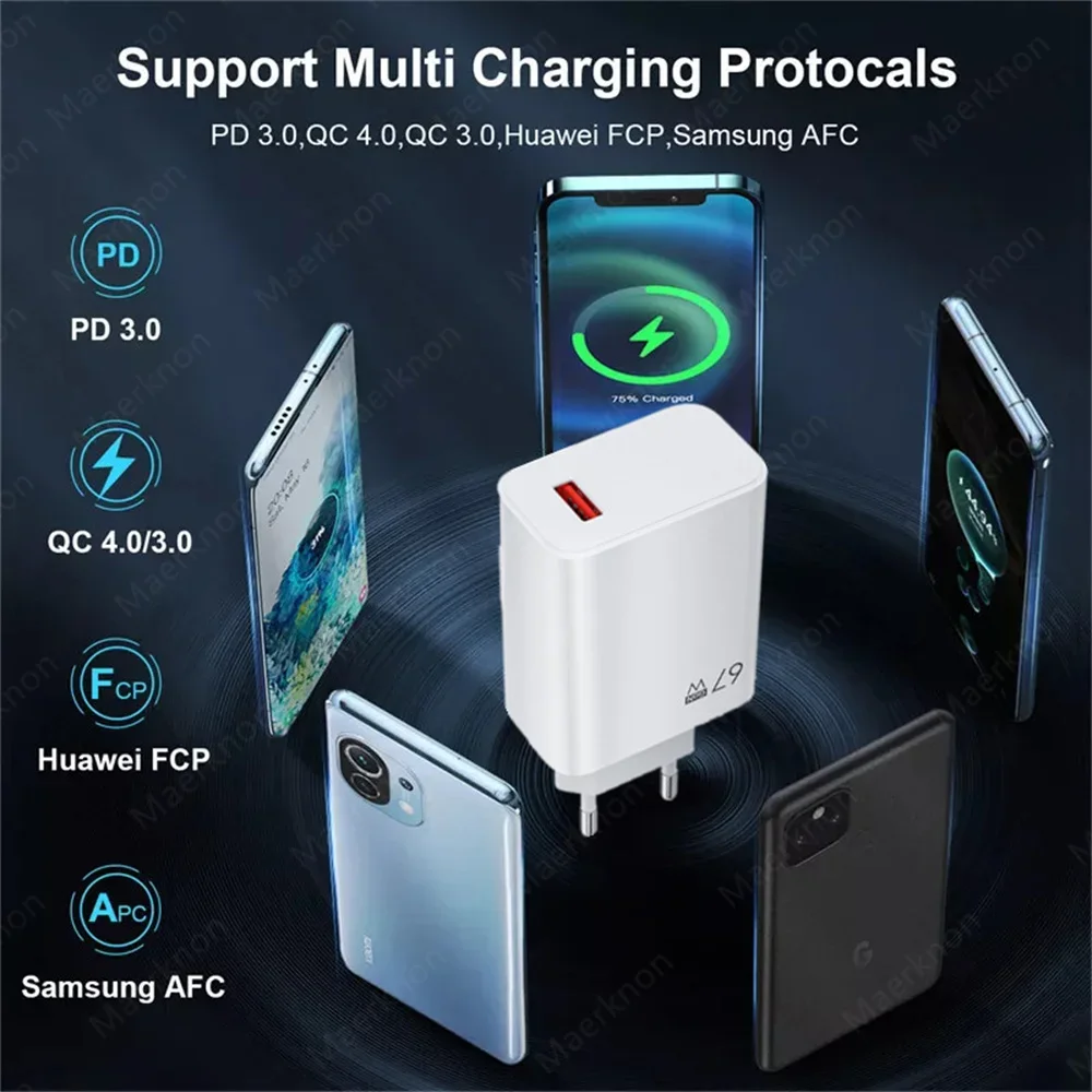 67W USB GaN chargeur Charge rapide prise ue/US adaptateur d'alimentation de téléphone pour iPhone Samsung Xiaomi Huawei 10A Type C câble de Charge rapide