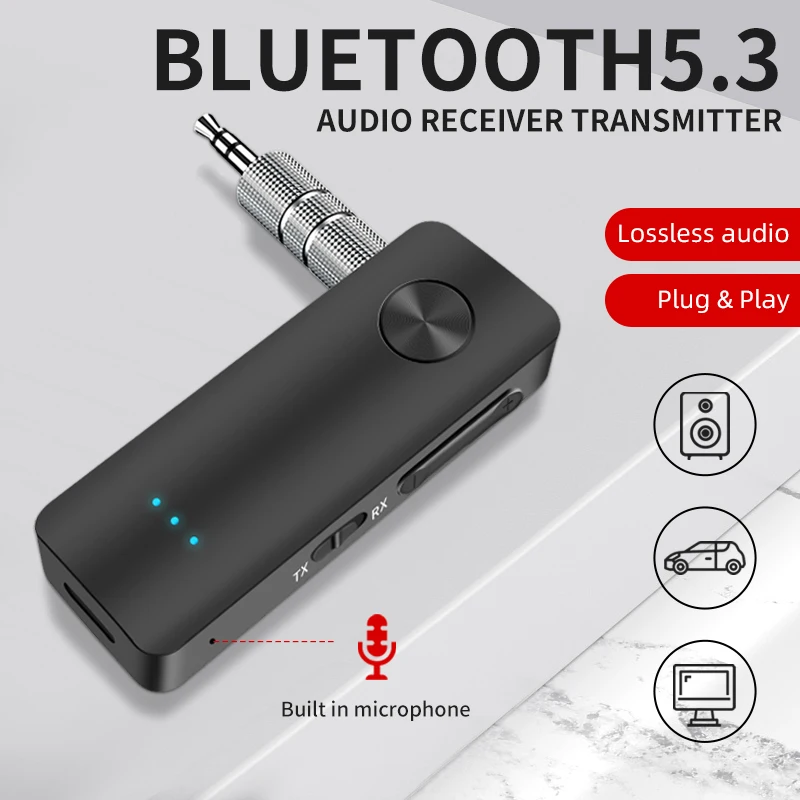 T66 Bluetooth 5.3 Ricevitore audio Trasmettitore 3.5mm AUX Stereo 2 in 1 Adattatore wireless musicale con microfono per TV PC Cuffie Kit auto