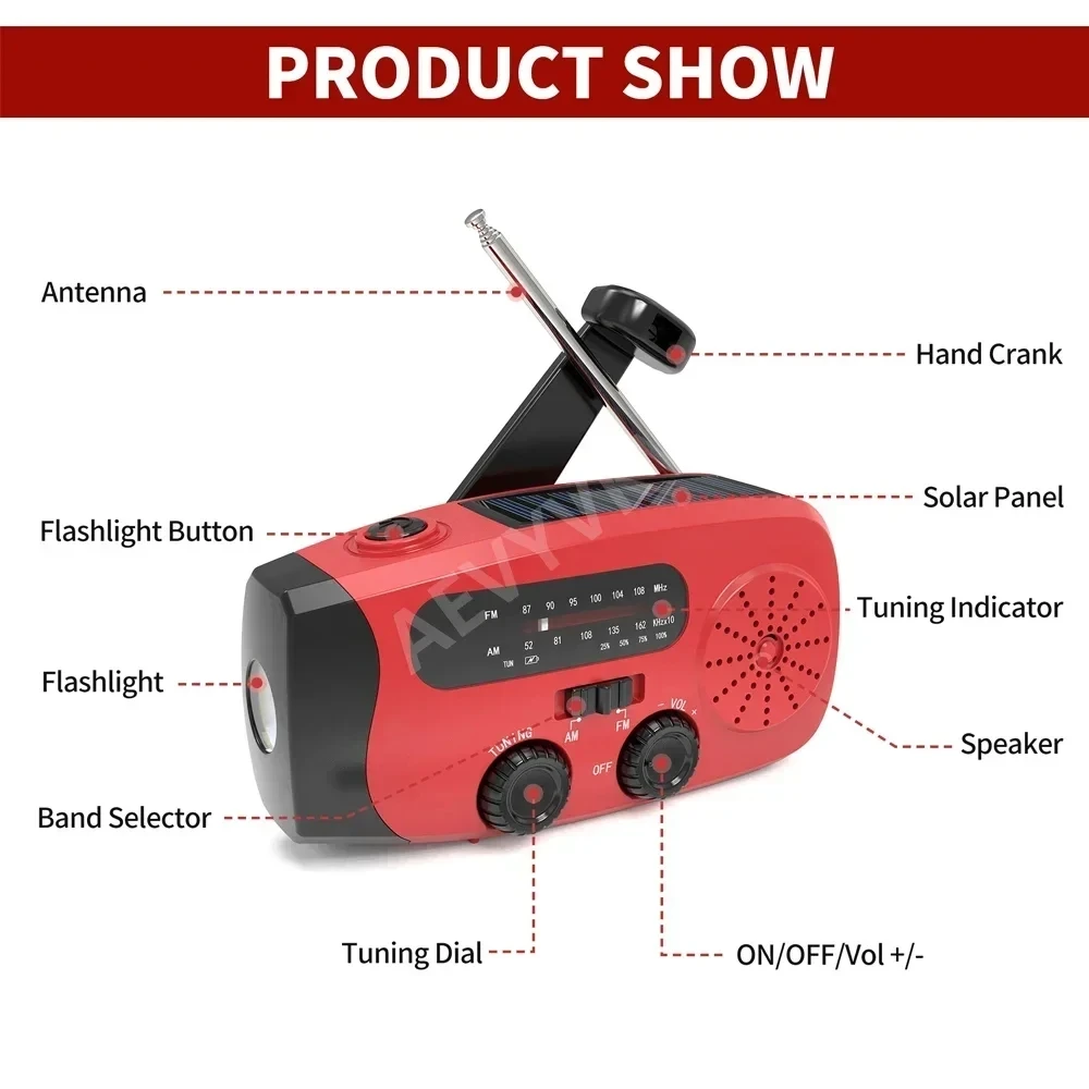 Multifunctional Solar Hand Crank Radio FM AM WB NOAA Weather Radio 2000mAh USB Charging Emergency LED Flashlight Power Ban