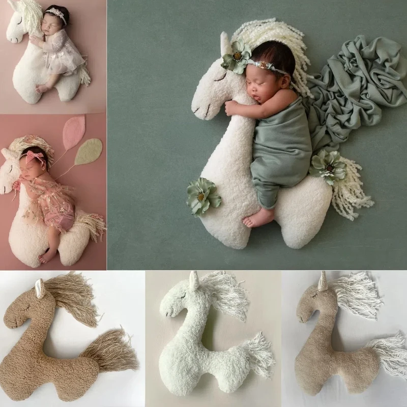 Adereços para fotografia de recém-nascidos, unicórnio posando cavalo, travesseiro, cobertor, cenários, estúdio fotográfico, tapete fofo, boneca de pelúcia, decoração