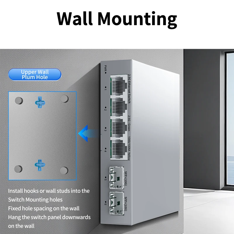 HORACO 2.5Gb Switch 2.5GBASE-T 4 Port 2.5G RJ45 with 2 Port 10G SFP+ Fanless Unmanaged Plug and Play Network Switch