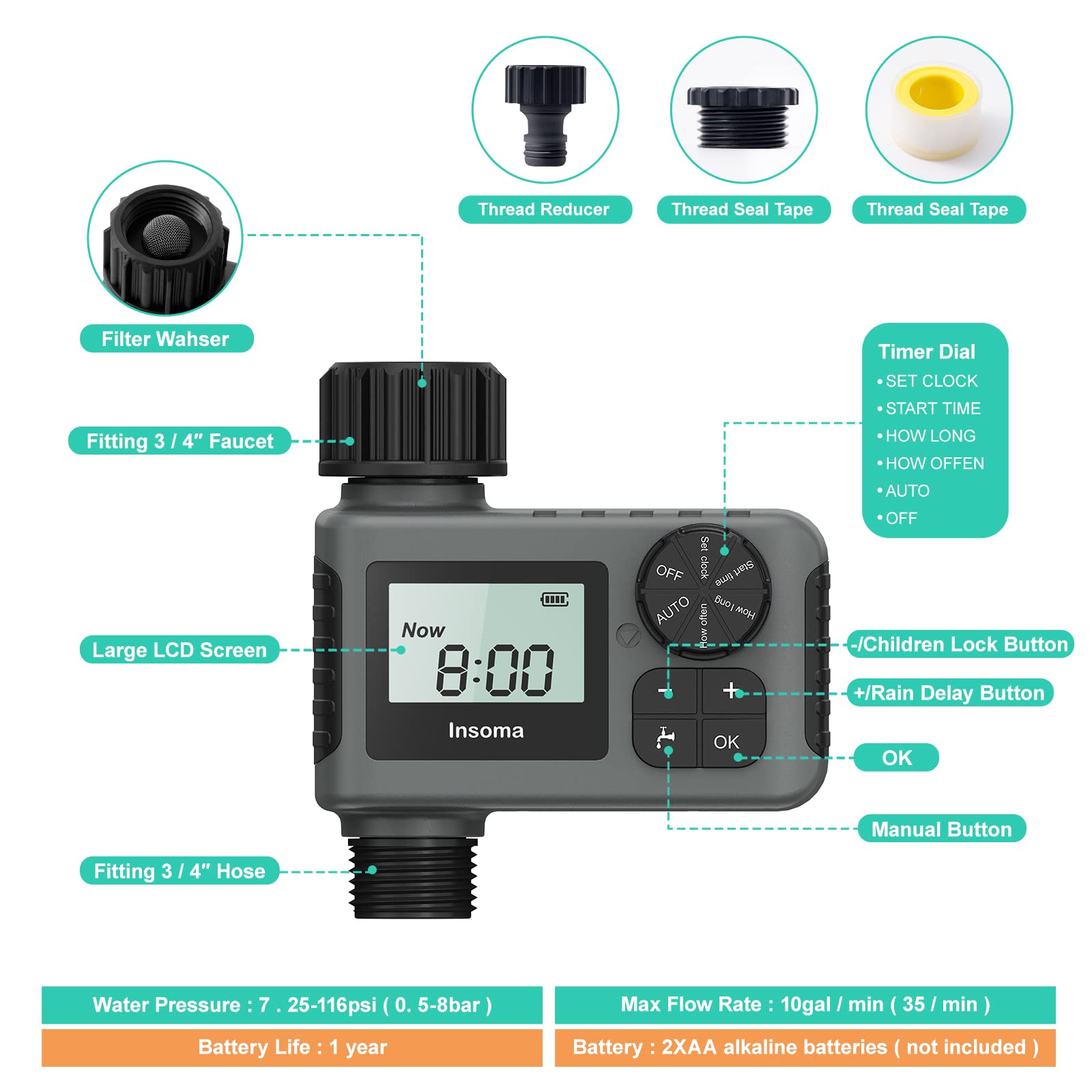 Insoma Automatische watertimer Intelligent irrigatiebewateringssysteem Sprinklertimer Tuinprogrammeur Apparatuur IPX7 LCD-scherm