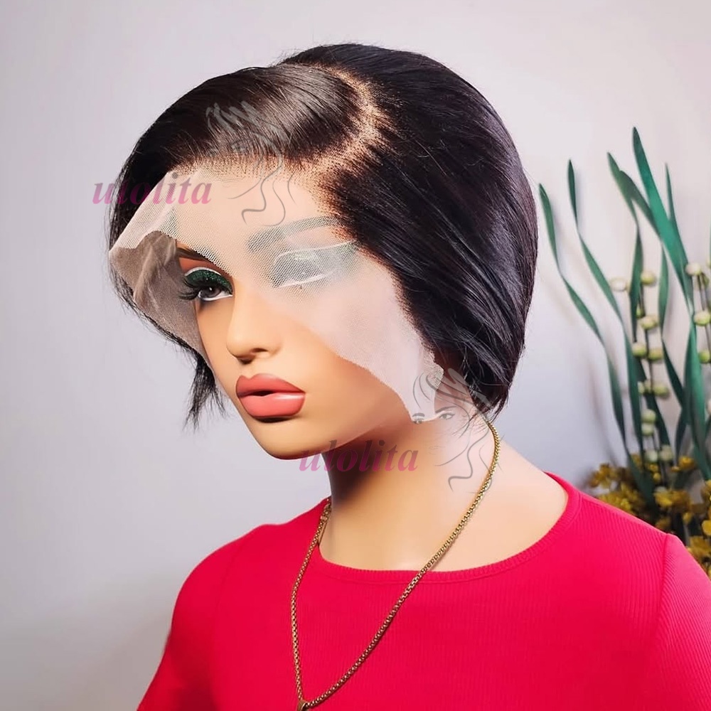 13x1 T-deel kant natuurlijke zwarte kleur pixie-cut kort krullend menselijk haar pruiken 6 inch 180% dichtheid dagelijks feestgebruik remy pruik voor vrouwen