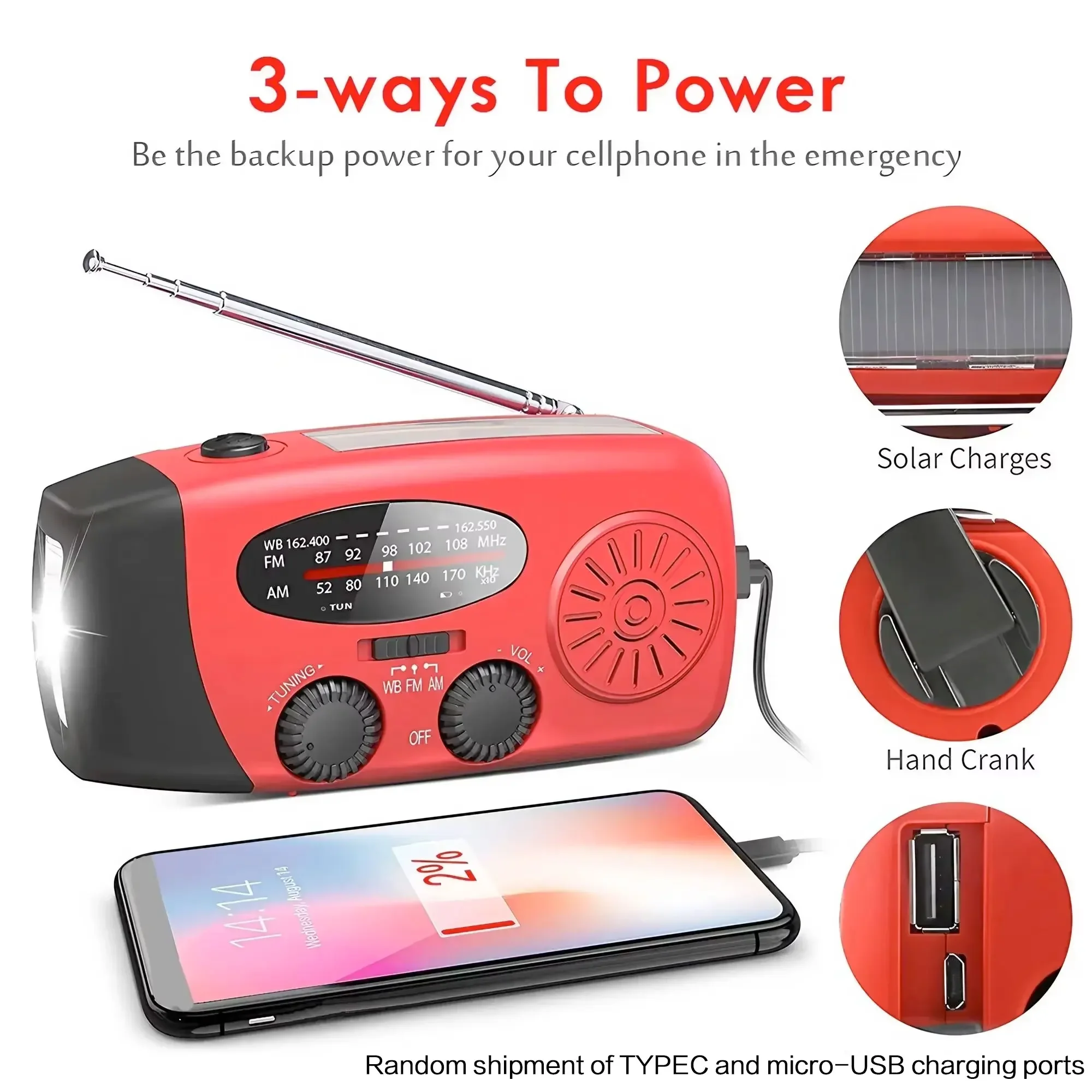 2000mAh 태양 핸드 크랭크 비상 라디오 AM FM WB NOAA 날씨 경고 USB 충전기 야외용 LED 손전등 보조베터리