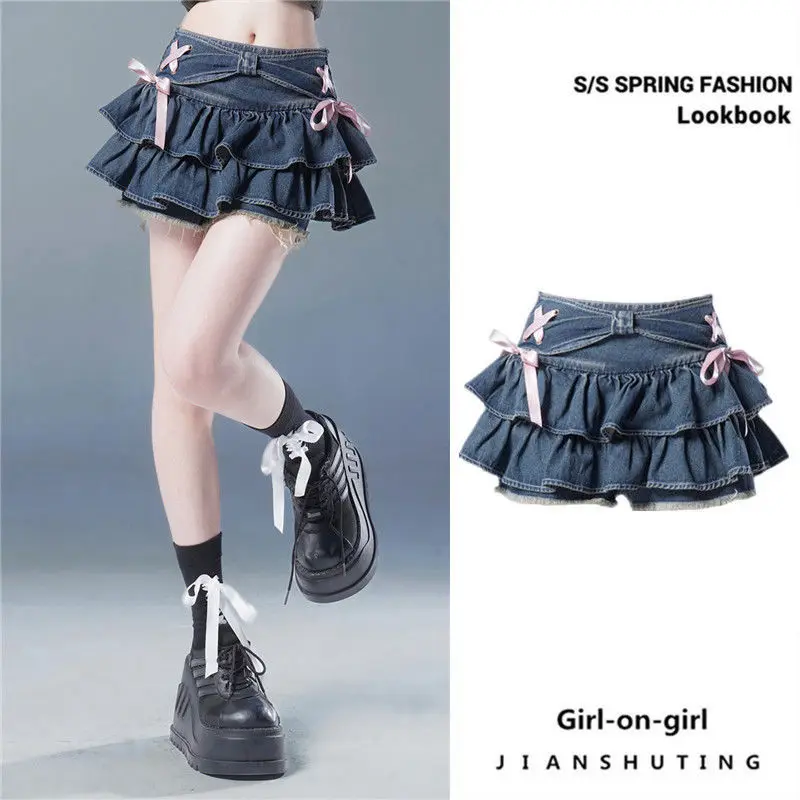 Falda plisada vaquera azul con diseño de pliegue de lazo, Falda corta acampanada para mujer, pantalones cortos integrados, chica picante americana, moda coreana Hotsweet
