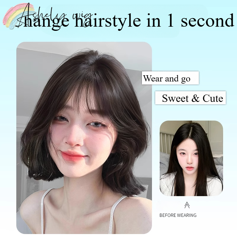 Peruca curta preta mulher simulação natural cabelo wendy rede de cabelo curto vermelho redução de idade clavícula cabelo invisível conjunto peruca inteira