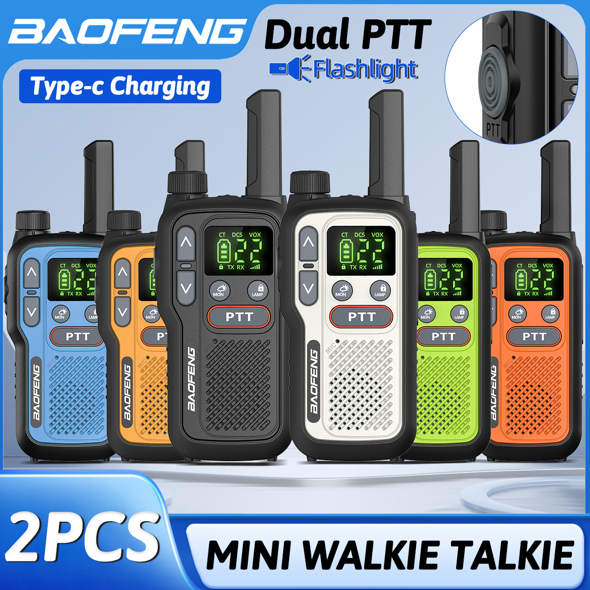 2PCS Baofeng BF-T18 Mini Walkie Talkie Dual PTT Long Range PMR FRS NOAA VOX FM Two Way Radio Type-C Charger For Travel Camping