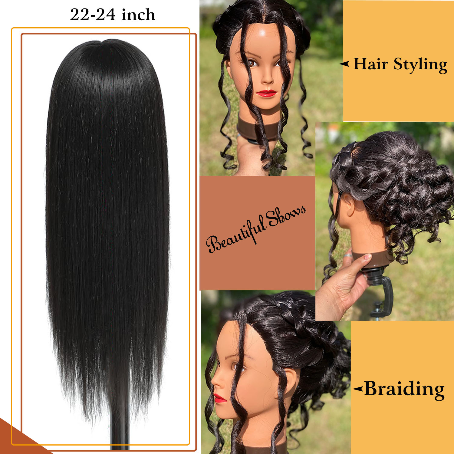 Tête de formation synthétique cheveux longs pour tresse coiffure avec pince support de perruque tête de poupée pour coiffures tête de Mannequin