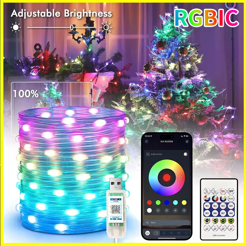 Lámpara de hadas LED RGBIC USB de 5V, control inalámbrico por aplicación, música, lámpara síncrona que cambia de color, lámpara de cadena ajustable impermeable IP67