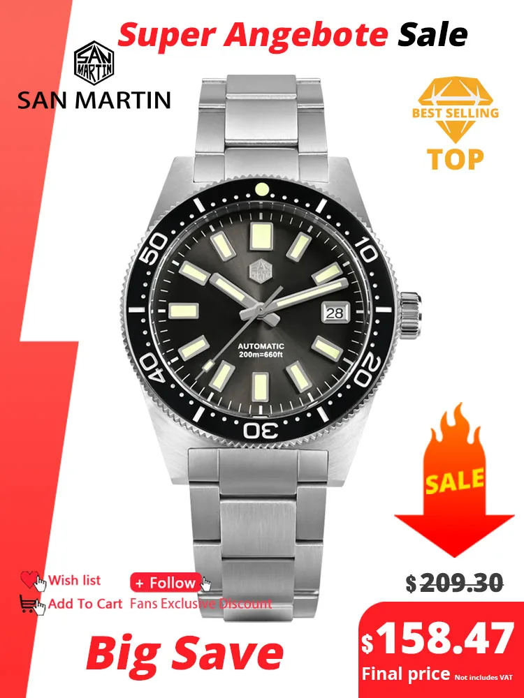 San Martin 62mas Diver Watch 39mm Classic NH35 Men Automatic Mechanical Watches Sapphire Waterproof 200m  SLN C3 Luminous SN0007