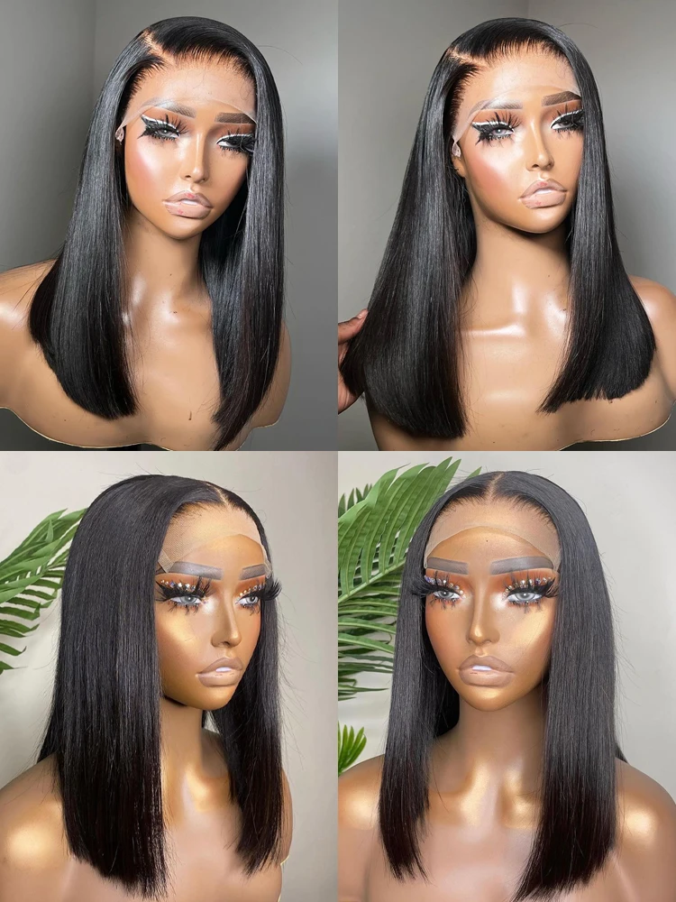 Peluca de cabello humano con encaje Frontal 13x4, pelucas frontales de encaje transparente para mujeres negras, peluca de Bob corto, peluca Natural recta Remy múltiple