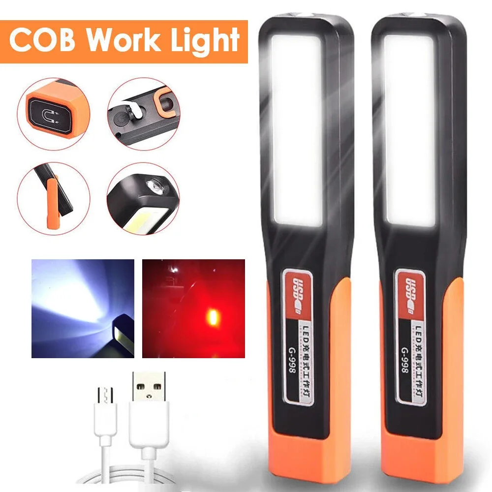 LED-Arbeitsleuchte mit Magnetbeleuchtung, Wartungstaschenlampe, Auto-Garagenlampe, mechanische Aufladung, COB-Wartungsleuchte für Autos mit Haken