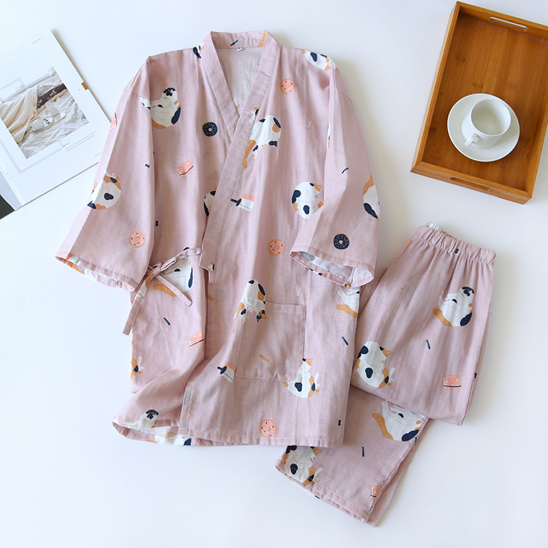 Novo estilo japonês quimono de duas peças casal pijamas capa homens e mulheres gaze de algodão puro gatinho bonito fino serviço de casa plus size