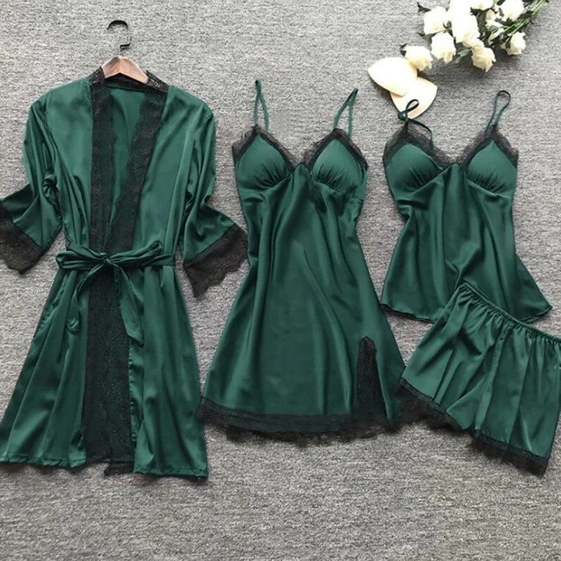 4-teiliger Damen-Pyjama aus sexy Spitze, modisches Kleid mit V-Ausschnitt, Komfort-Pyjama, Pyjama mit Brustpolstern, Nachthemd, lässige Loungew