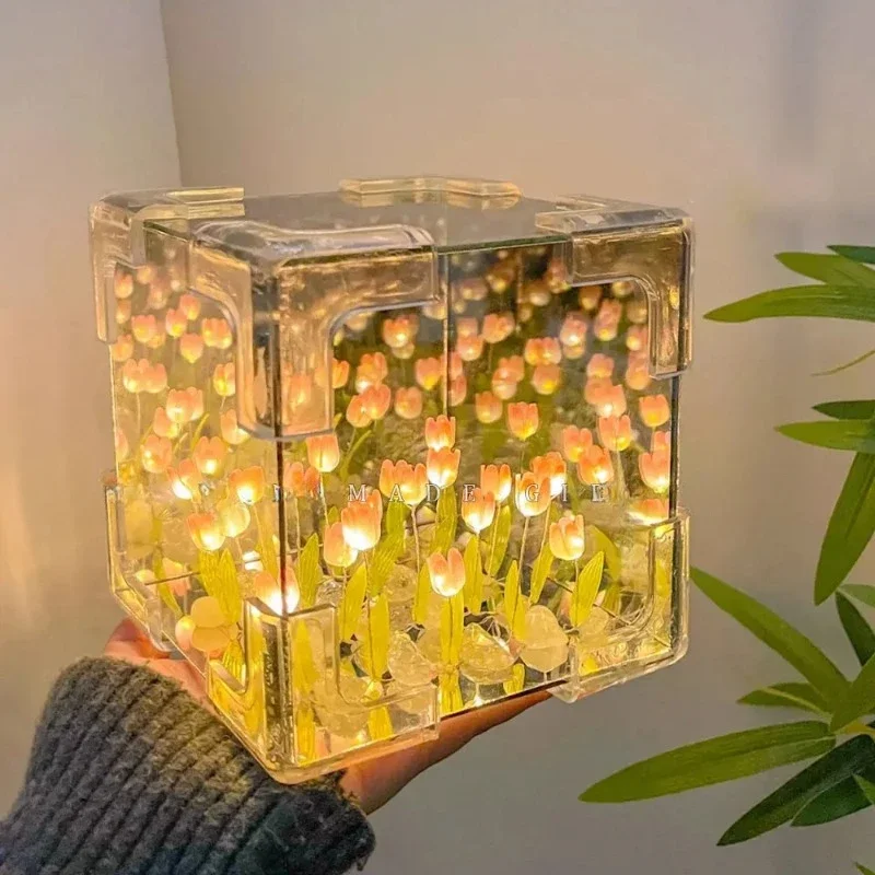 Luz nocturna de tulipán hecha a mano, Material artesanal, cubo, espejo de tulipán, decoración de dormitorio, lámpara de ambiente, regalo de cumpleaños del Día de San Valentín