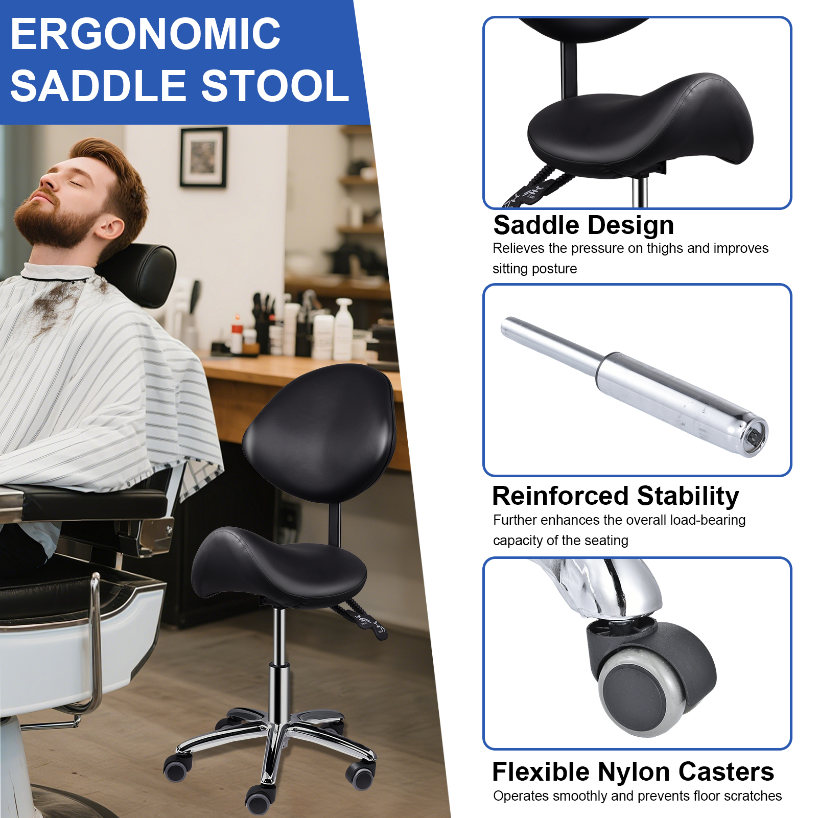 Ergonomic Rolling Saddle Chair Height Adjustable with Wheels and Backrest, Professional Salon Chair for Hair Stylist and Spa