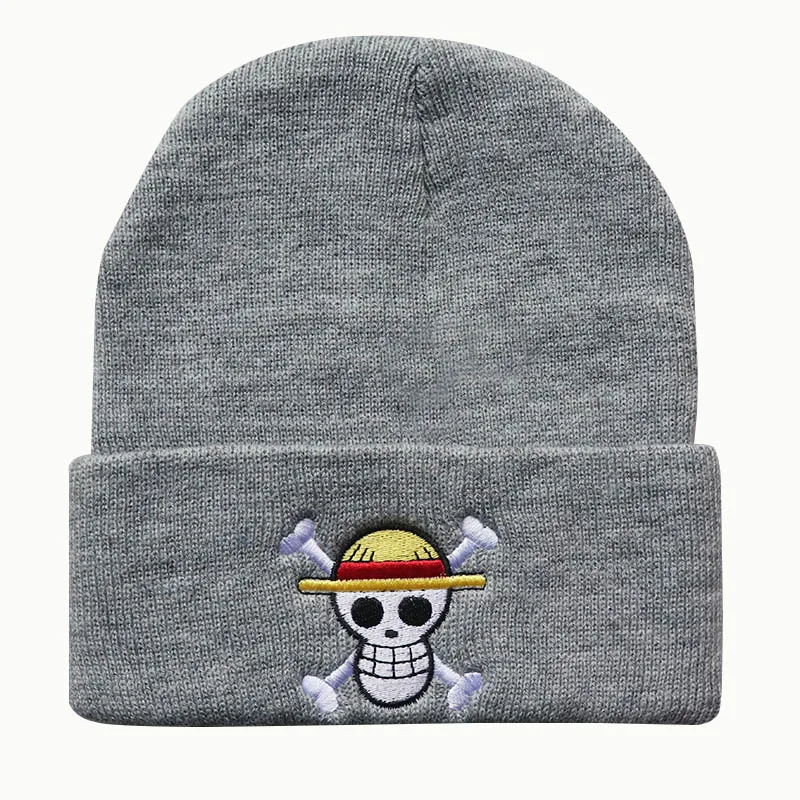 Nuevos gorros de una pieza para mujer, gorro cálido de otoño e invierno, gorros bordados de calavera de Anime Luffy para Cosplay, gorros tejidos Unisex, regalos