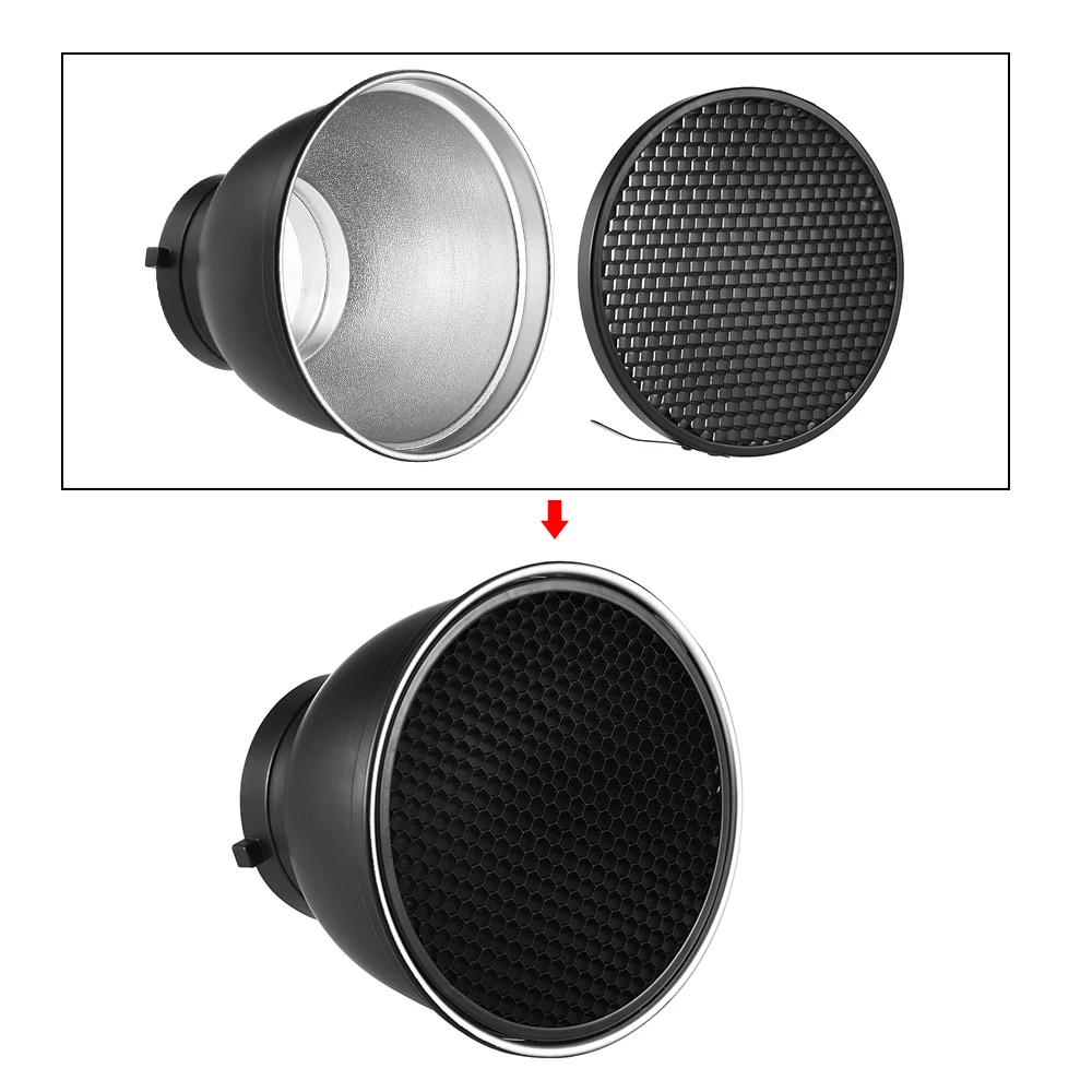 Andoer 7 Zoll Standard-Lampenschirm mit Reflektordiffusor und 60 °   Wabengitter für Bowens Mount Studio Strobe Flash Light Speedlite