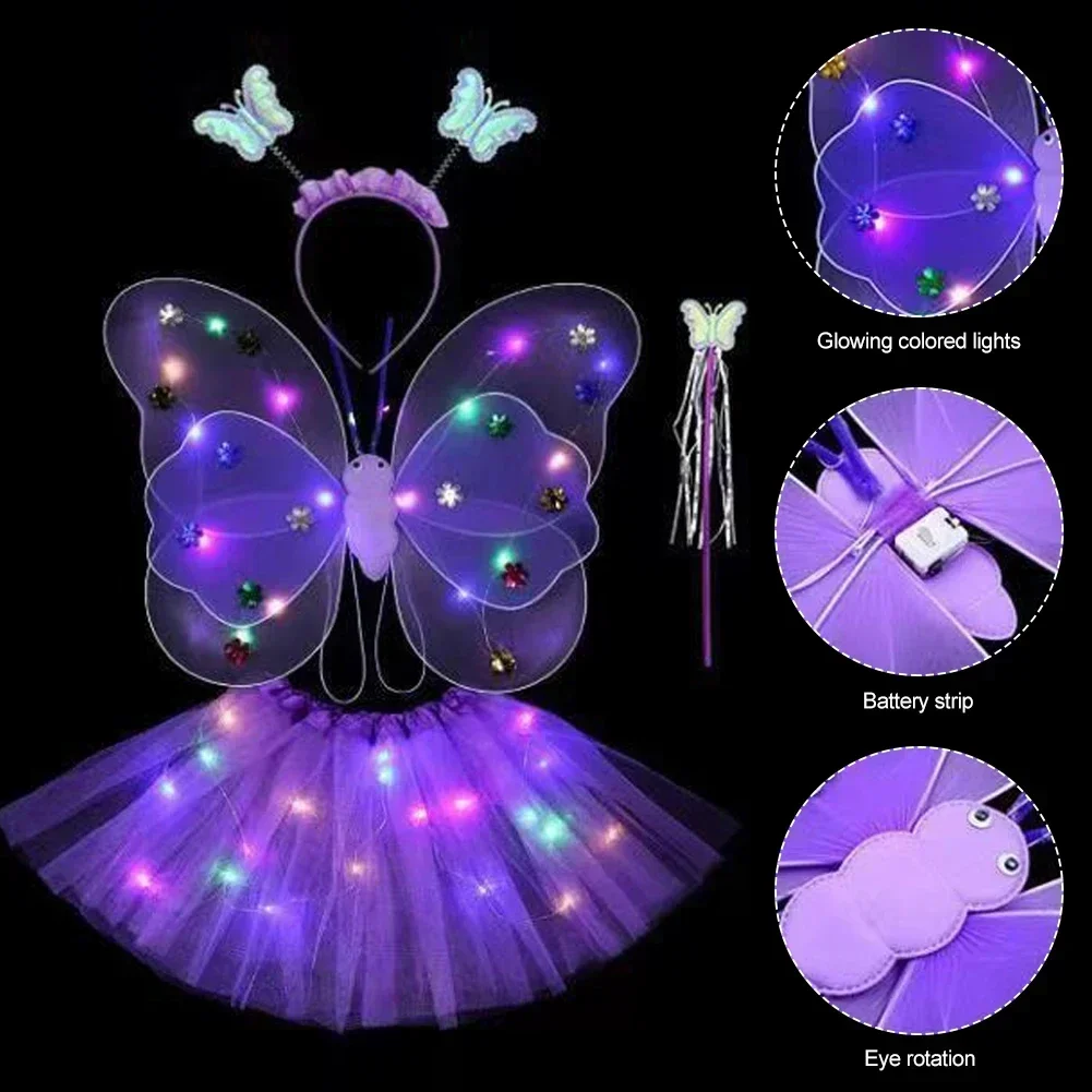 3/4ชิ้น/เซ็ต LED เด็กผู้หญิงสองชั้นสะท้อนแสงนางฟ้าผีเสื้อปีกไม้กายสิทธิ์ตกแต่งฮาโลวีนของขวัญของเล่น