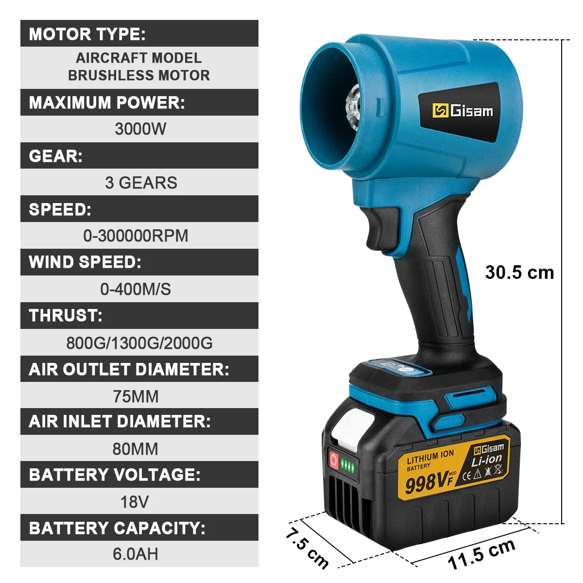 G nto 4000 W Bürstenlosen Elektrischen Turbo Gebläse Jet Fan 400 M/S 300000 RPM Handheld Blatt Staub Blasen Werkzeug für Makita 18 V Batterie Pin