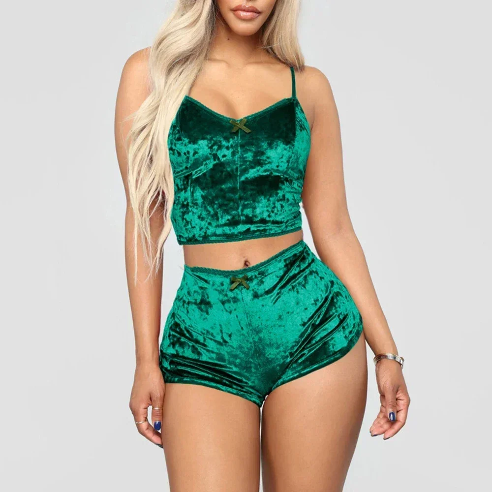 Women's Velvet Polyester Comfortable V-neck Underwear Setcamisole+shorts Pajamas Set Home Clothes Sleeveless Top Shorts