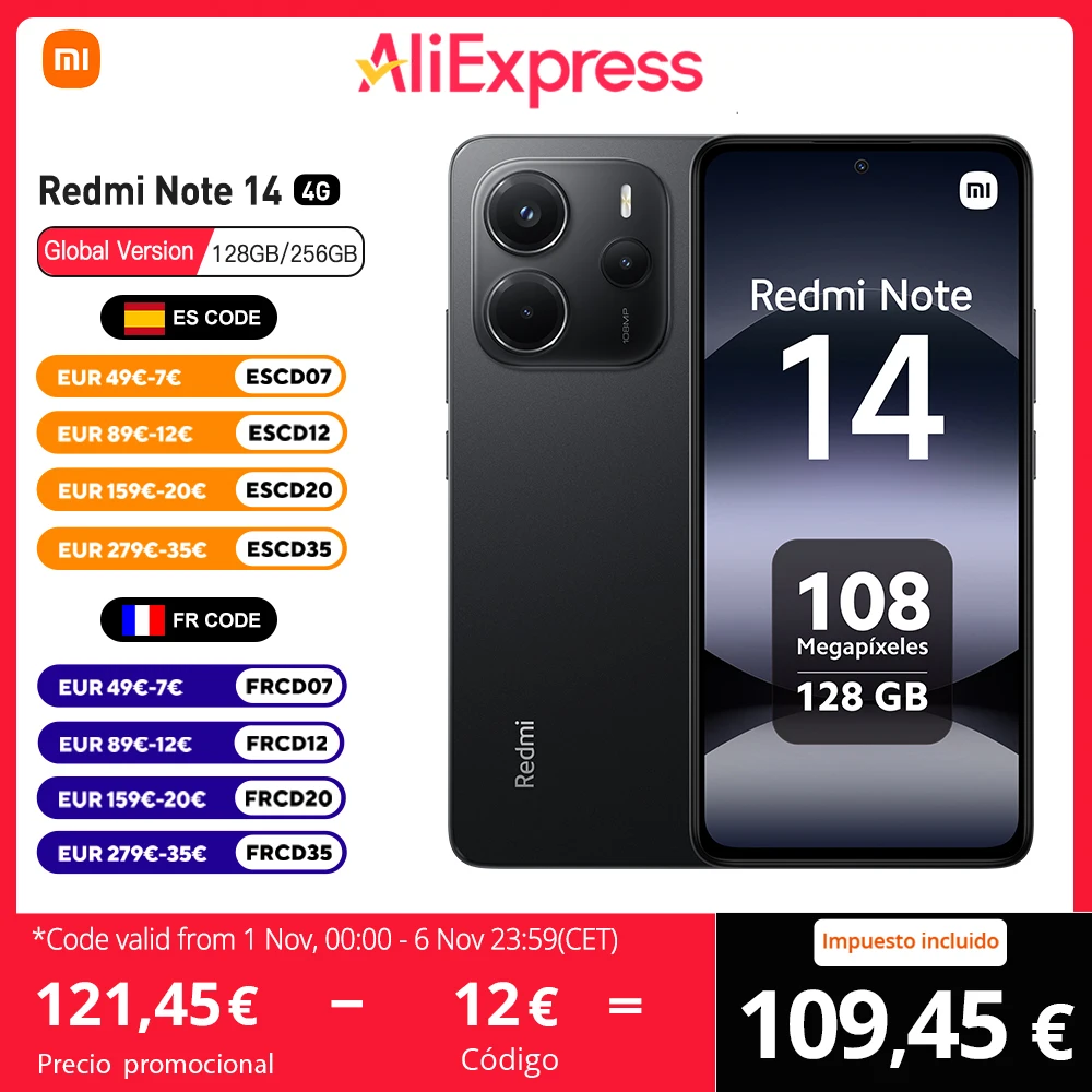 Xiaomi Redmi Note 14 4G,NFC,Hélio G99-Ultra,Écran AMOLED 6,67'',120 Hz,Appareil photo AI 108 MP,Batterie 5500mAh,L’adaptateur n’est pas inclus