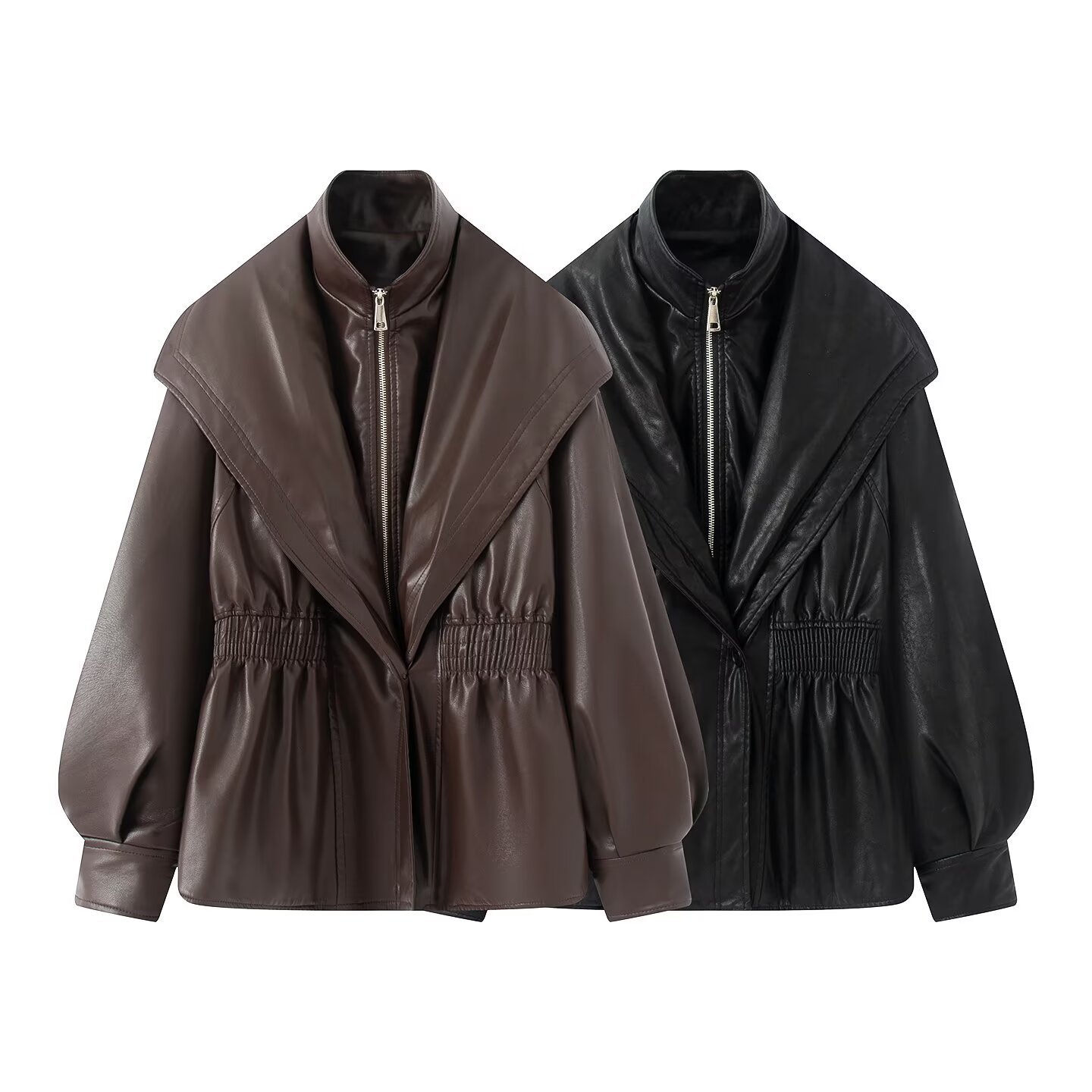Neue Herbst Winter High Street Warm Braun Zipper Pu Leder Jacke Frauen Casual Revers Elastische Taille Cinching Mantel Outwear Kleidung