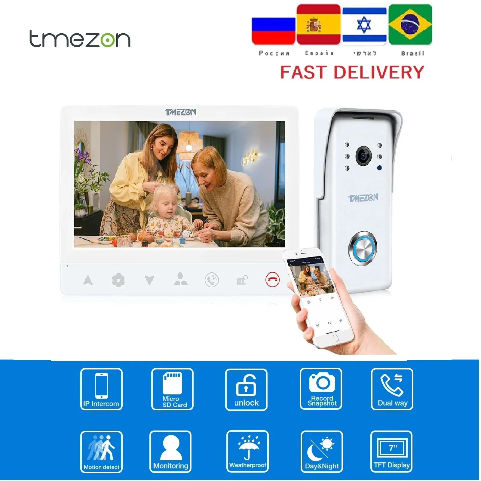 TMEZON 7-дюймовый 1080P TFT-монитор с 1x 1080P камерой, поддержка записи/моментальной съемки 1 монитор