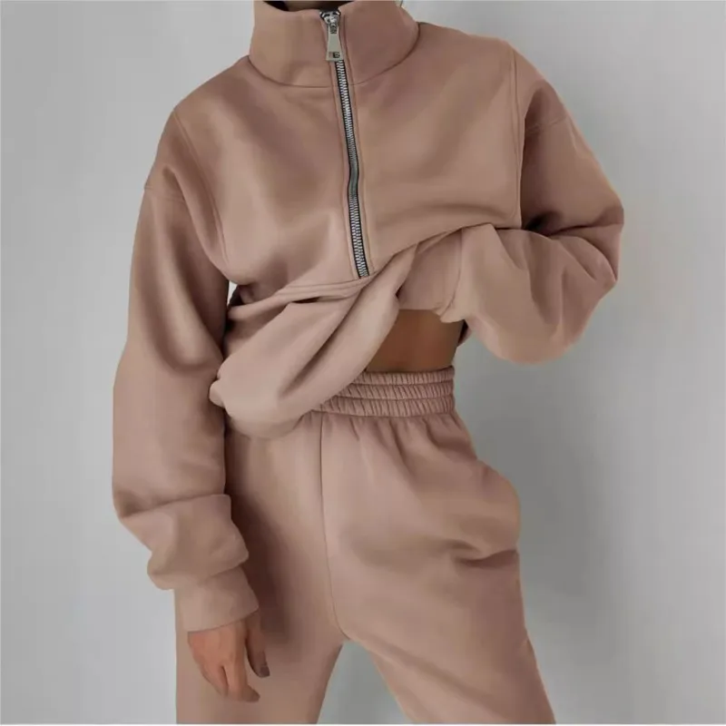 Conjunto de chándal elegante para otoño e invierno, nueva moda, cómodo, cálido, con cremallera, conjuntos de dos piezas para deportes, ropa informal para mujer