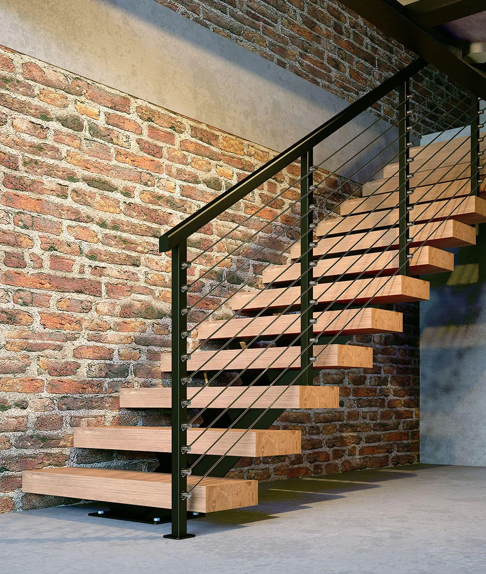 Escalera de madera de roble de barandillas de cuerda de acero inoxidable de diseño personalizado moderno