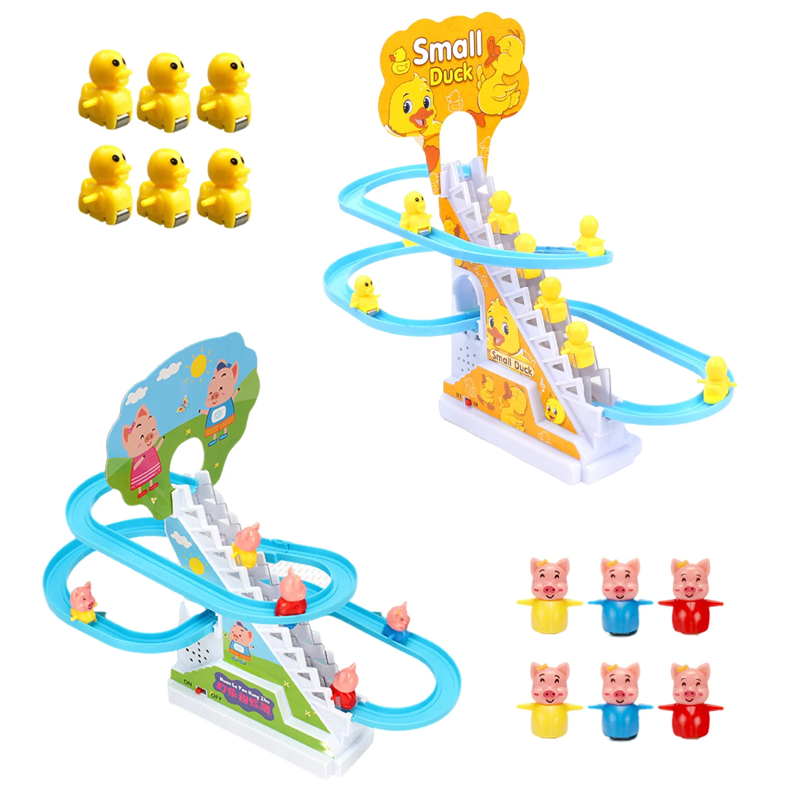 ของเล่นเด็กเป็ด DIY Rail Racing Track เป็ดขนาดเล็กปีนบันไดของเล่นไฟฟ้ารถบันไดเพลงของเล่นเพื่อการศึกษาเด็ก 3-5Y