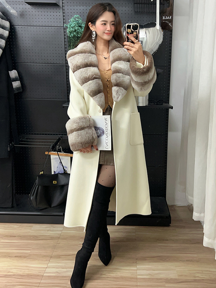 Winter Real Fur Jacket Women Long Cashmere Wool Woolen Coat Ladies Natural Rex Rabbit Fur Collar  Luxury Thick Female Outerwear