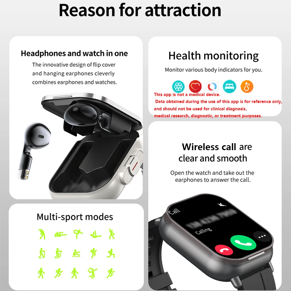 GPS สมาร์ทวอท์ช TWS 2-in-1 ชุดหูฟังบลูทูธ Heart Rate ความดันโลหิตการตรวจสอบสุขภาพหูฟังเล่นเพลง Smartwatch