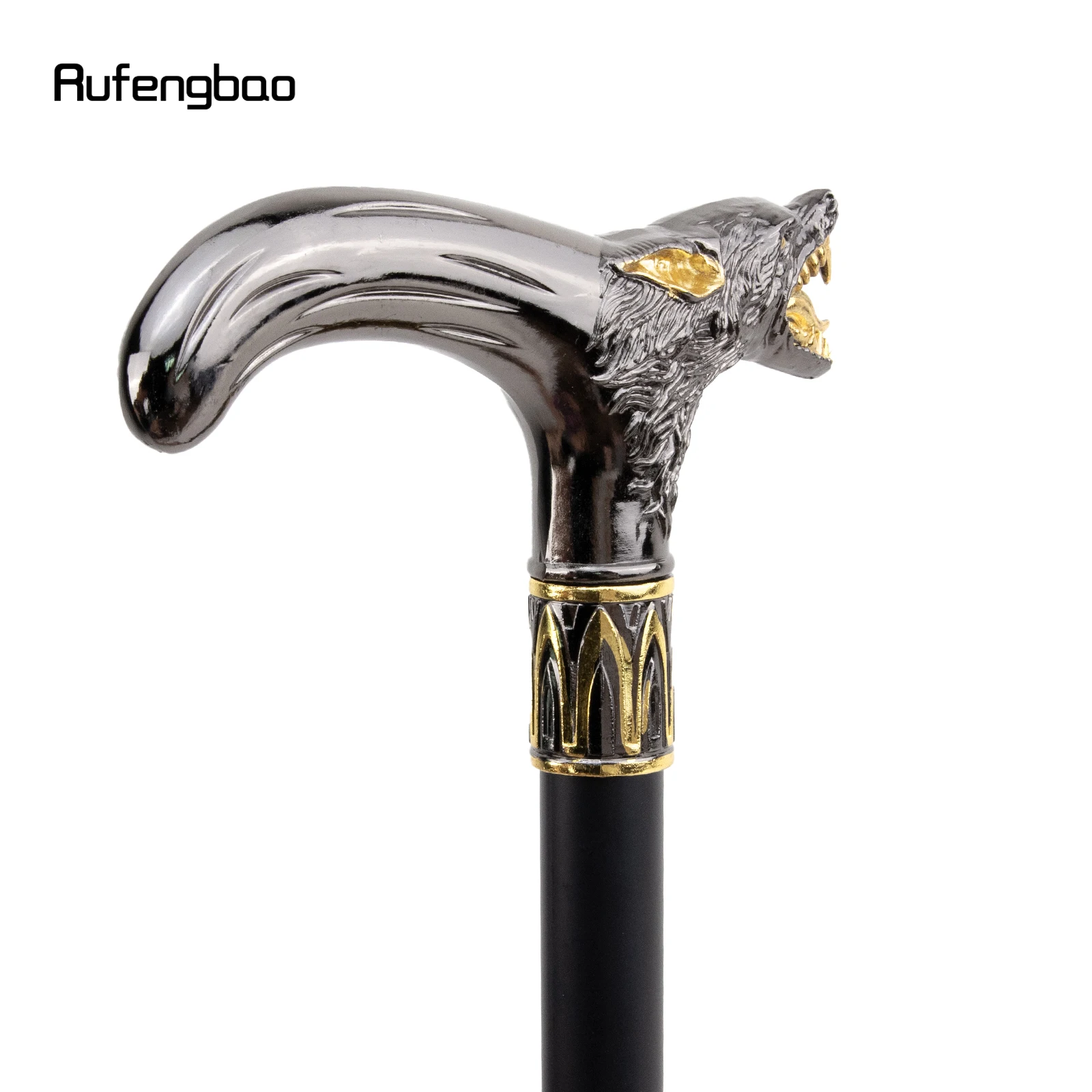 Goldener schwarzer Wolfskopf-beißender Gehstock mit versteckter Platte, Selbstverteidigung, modischer Gehstock, Platte, Cosplay, Crosier-Stick, 93 cm