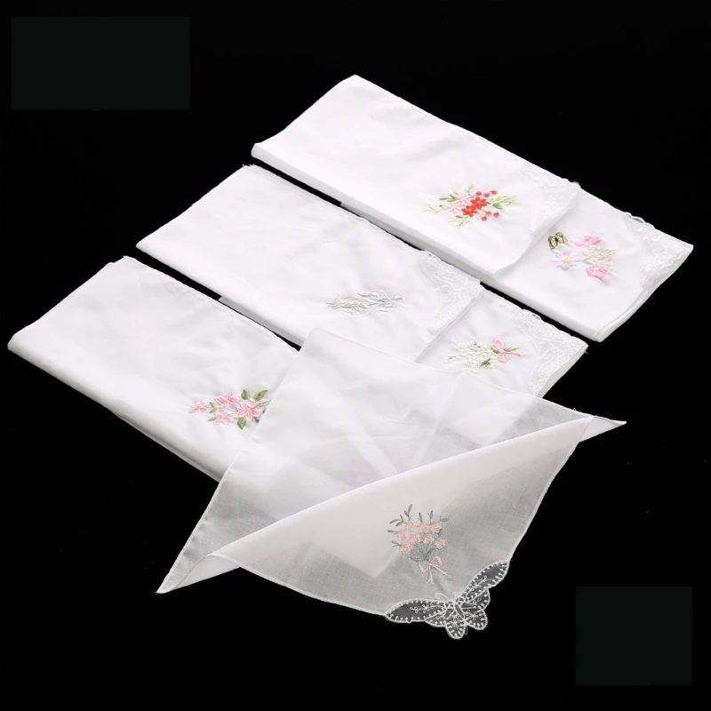 Lenço de algodão quadrado bordado macio 28 cm estilo floral rendado com debrum