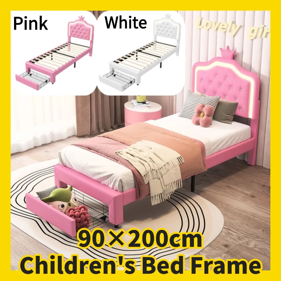 Cama infantil com gaveta e luz, cabeceira de PU Crown Design, cama de solteiro, mobília do quarto, sem colchão, 90x200cm