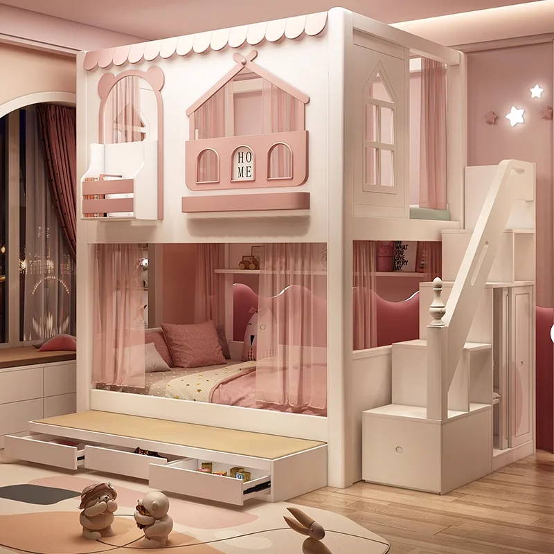 Letto a castello per bambini dal design unico, letto multifunzionale in legno di gomma castello con scivolo, armadietto con scaletta, guardrail alto