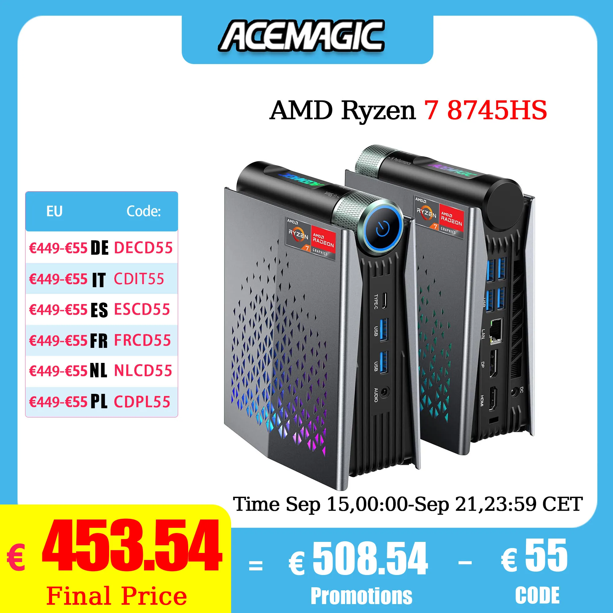 ACEMAGIC MINI PC AMD Ryzen 7 8745HS 32GB RAM 1TB SSD Windows 11 Pro MINI Komputer Wifi6 BT5.2 Z Podświetleniem RGB i Obsługą Potrójnego Wyświetlacza 4K