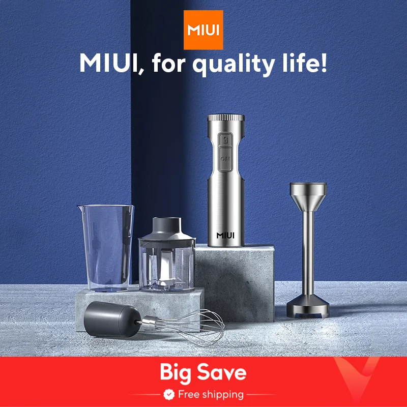 MIUI Hand Immersion Blender 1000W 4-in-1,สแตนเลสสตีลเครื่องผสมอาหาร,700ml ผสม Beaker,500ml โปรเซสเซอร์,ปัด