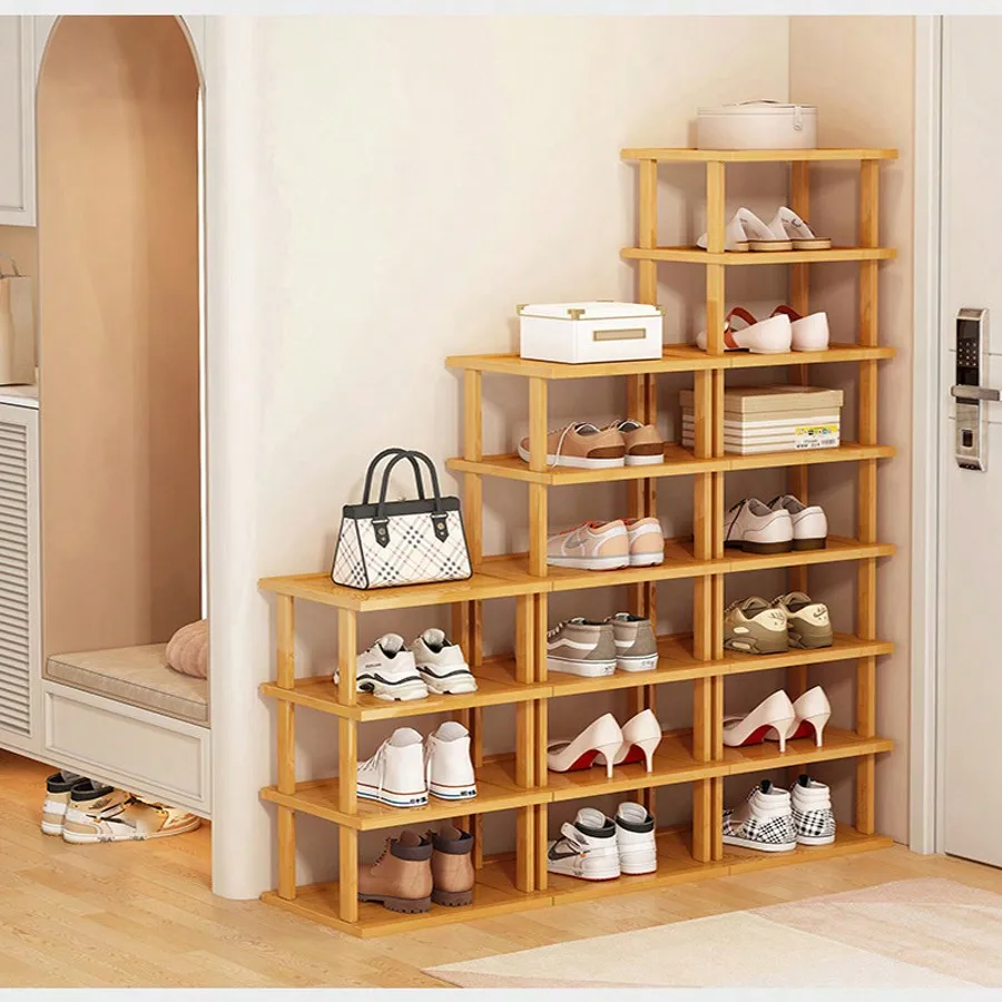 Zapatero multifuncional de 6 capas, gabinetes de zapatos de bambú, soporte apilable, estante de almacenamiento para zapatos, organizador para entrada y sala de estar